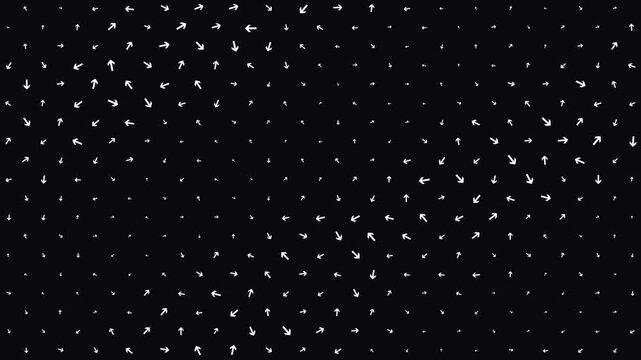 Animated Seamless Pattern Of Small White Arrows With Shimmering Pulsation From Corner To Corner On A Black Background, 4K