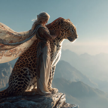 Woman petting leopard on mountain cliff at sunset