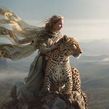 Woman and leopard sharing a powerful bond on mountain peak
