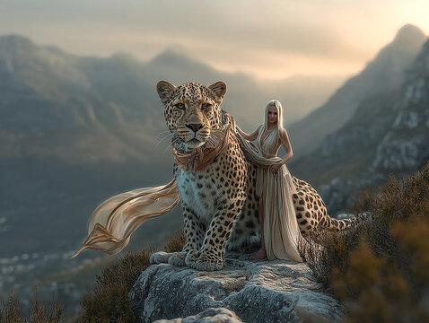 Woman and leopard companion standing on mountain cliff