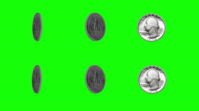 Loopable animation of six quarters spinning at different speeds on a chroma key green screen