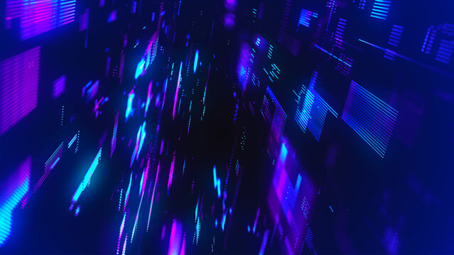 A futuristic high-tech background with a digital pixel matrix pattern on a blue background. A data stream or a futuristic map of a technological network. Dynamic particles of digital data penetrate cy