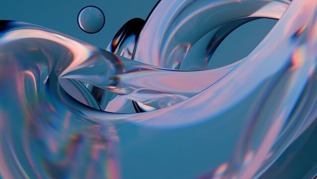 Abstract wavy curved 3d render. Blue soft glass curved circles and lines. Modern wallpaper, texture pattern. 3D Illustration
