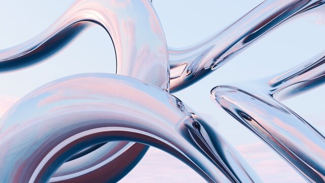 Fluid liquid blue metal shapes and spheres abstract background. 3d illustration