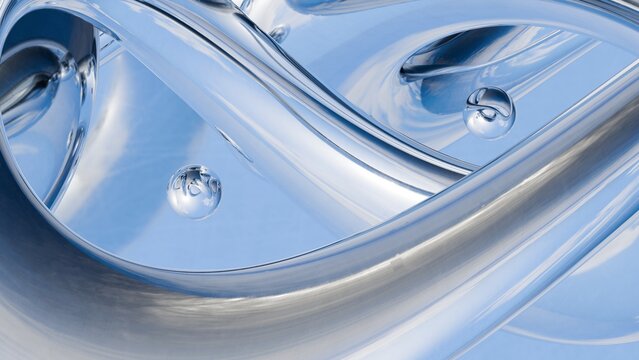 Fluid liquid blue metal shapes and spheres abstract background. 3d illustration