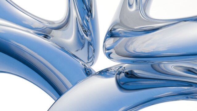 Fluid liquid blue metal shapes and spheres abstract background. 3d illustration