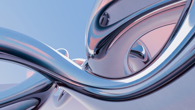 Fluid liquid blue metal shapes and spheres abstract background. 3d illustration