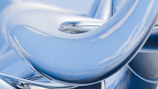 Fluid liquid blue metal shapes and spheres abstract background. 3d illustration