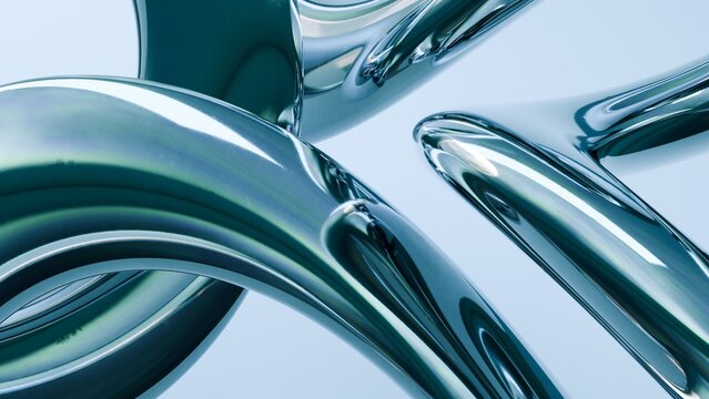 Fluid liquid blue metal shapes and spheres abstract background. 3d illustration