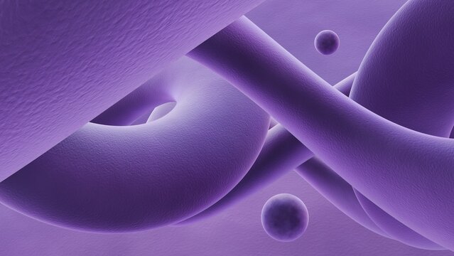 Velvet violet shapes and spheres abstract background. 3d illustration
