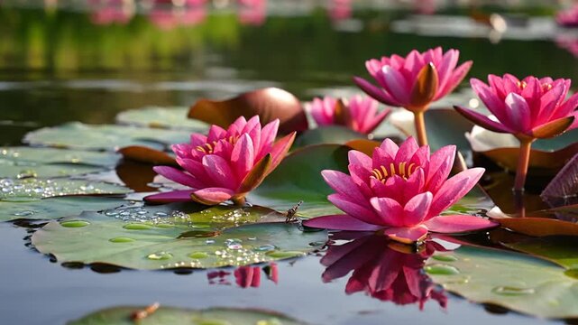 Vibrant pink water lilies and green lily pads floating on a calm pond with a stream of water splashing on the surface and droplets on the leaves in soft natural sunlight.