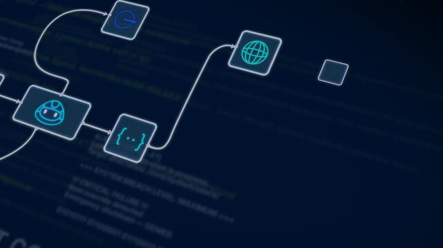AI automation workflow diagram. Moving banner with algorithm and process flow on digital code. Artificial intelligence and neural networks. Graphic animated footage