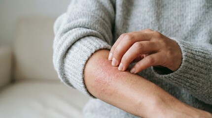 Close up of a person scratching red inflamed itchy skin rash on the forearm wearing grey sweater, illustrating dermatological health issues and representing chronic allergic reaction symptoms