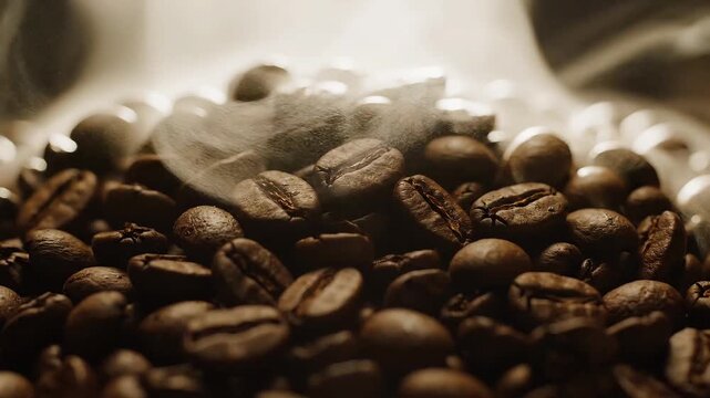 Close-up of rich, dark coffee beans with a warm, inviting glow, hinting at aromatic perfection and the brewing process