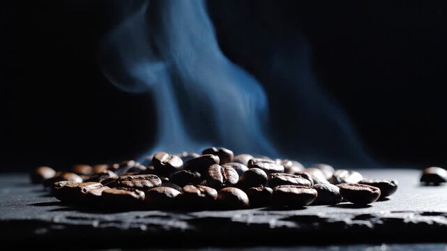 Steaming freshly roasted coffee beans on a dark surface, evoking warmth and rich aroma for a perfect brew
