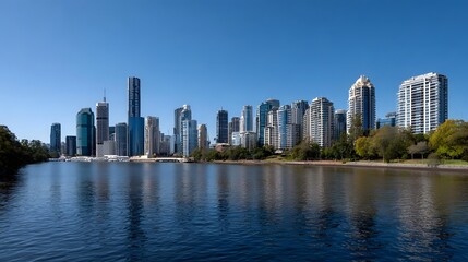 Fototapeta premium Panoramic view of a dense modern cityscape skyline rising above a calm river under a bright blue sky