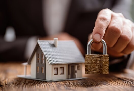 Securing Your Home - A Hand Holds a Padlock Near a Miniature House Model.