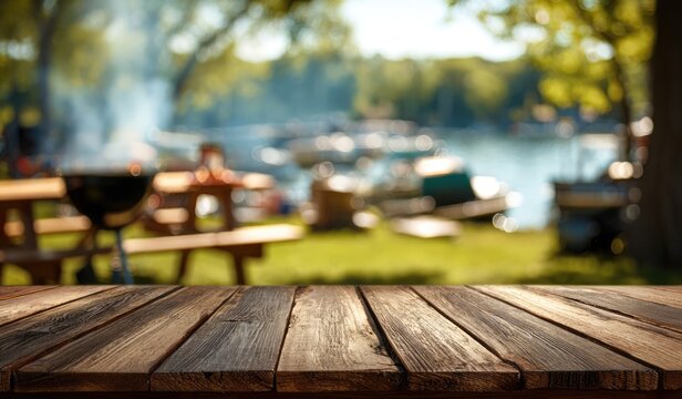 Outdoor Barbecue Picnic Scene with Lake and Trees.
