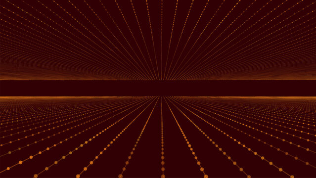 An abstract space of glowing red-orange dots arranged in perspective lines. A technological backdrop of a digital grid and a luminous horizon stretching to infinity.