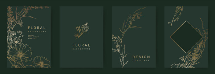 Elegant set of luxurious green backgrounds with hand drawn golden line art floral pattern. Floral frame. Vector templates for wedding invitation, greeting card, packaging, branding, design © Feodora_21