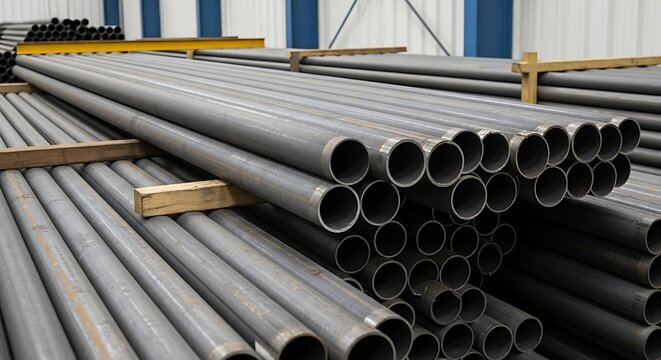 Industrial storage facility housing a large collection of stacked steel pipes for construction use.  rury stalowe