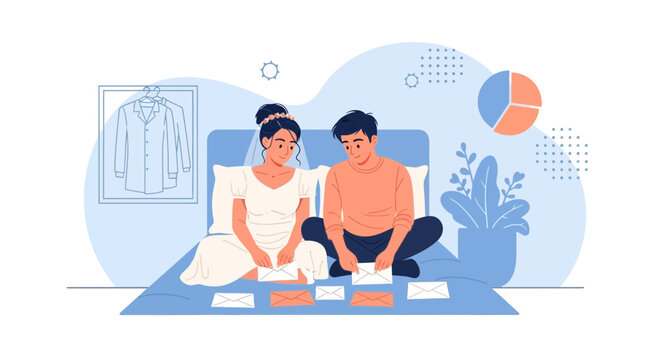 Couple sorting mail on bed, feeling stressed about bills and finances