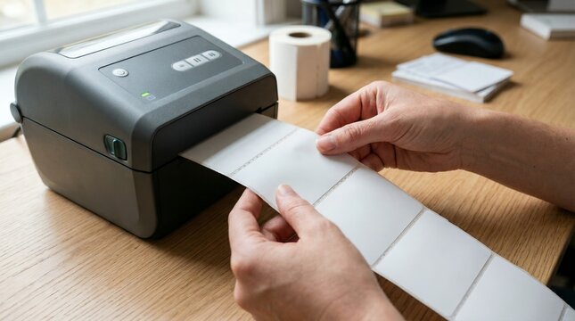 Person hands holding blank white adhesive stickers from a black thermal label printer on a wooden office desk, illustrating logistics shipping tasks and representing product packaging branding