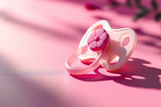 A pink pacifier with a flower detail on a pink surface, soft lighting