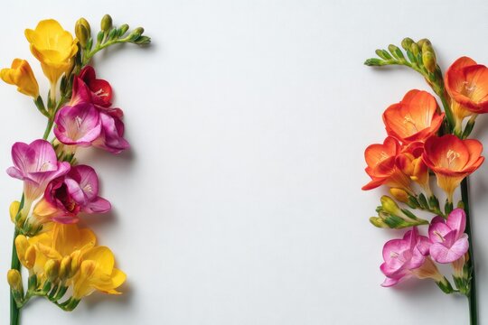 Vibrant Freesia Flowers Border on White Background.