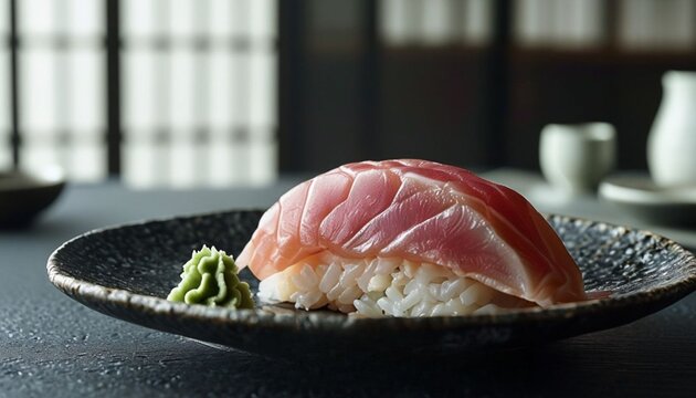Exquisite fatty tuna nigiri served with wasabi.