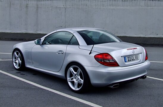 Mercedes-Benz SLK silver sports car parked