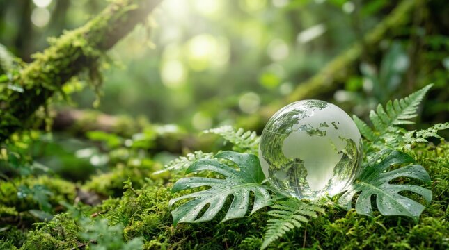 Glass crystal globe on lush green moss and fern leaves in sunny rainforest for environmental concept
