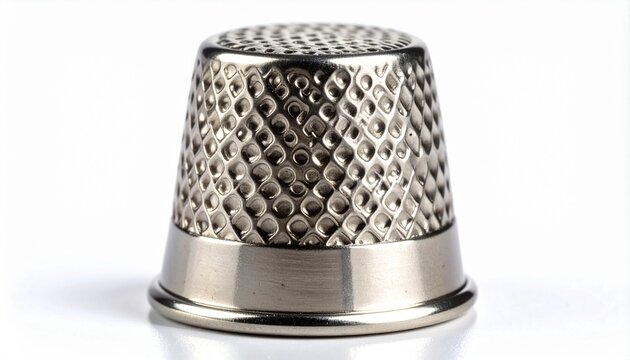 Metallic sewing thimble with cylindrical tapered shape, closed top, textured indentations, smooth rim, traditional needlework protection tool.