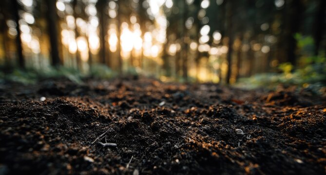 Close-up of rich forest soil with sunlit trees in the background.