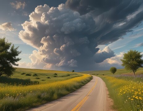 A dramatic thunderhead looms large above a winding country road surrounded by an explosion of bright yellow wildflowers swaying in the wind ,  weathered fence, thunderstorm,  yellow flowers