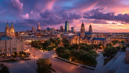 Fototapeta premium Kansas City Skyline at Dusk with Dramatic Purple Clouds.