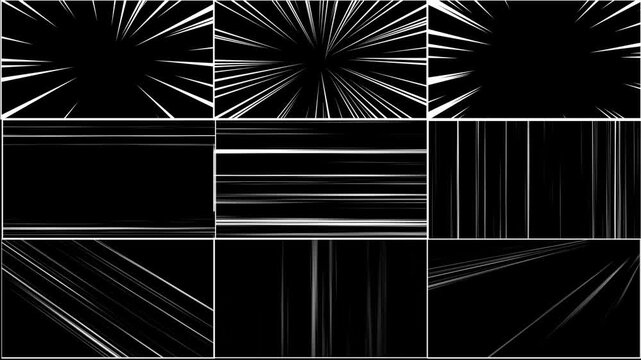 Comic speed lines. Moving pack of hand drawn cartoon speedline effect on black background. Realistic graphic animated footage