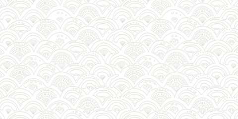 Fototapeta premium Minimal geometric scallop pattern with fan and wave motifs in soft neutral tones.