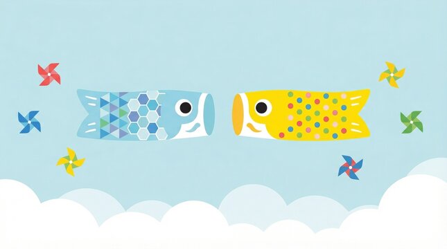 Japanese Koinobori carp streamers illustration with pinwheels and clouds for Childrens Day