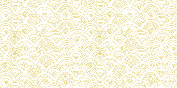 Minimal geometric scallop pattern with fan and wave motifs in soft neutral tones.