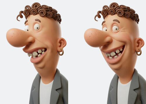 Funny 3D Cartoon Character of a Man with Big Nose, Curly Hair and Missing Teeth, Isolated on White Background