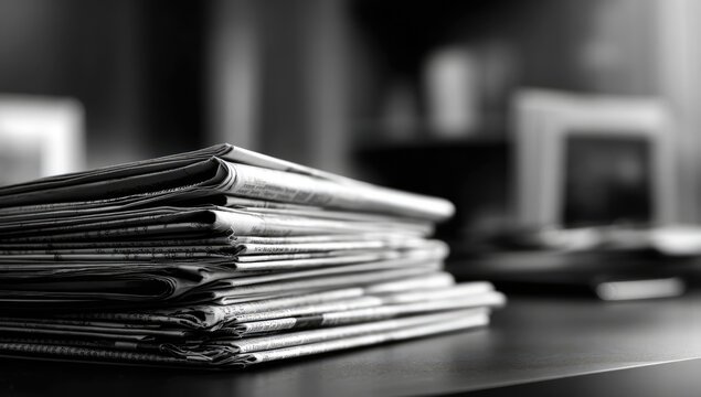Stack of Newspapers on a Desk with Blurred Office Background.