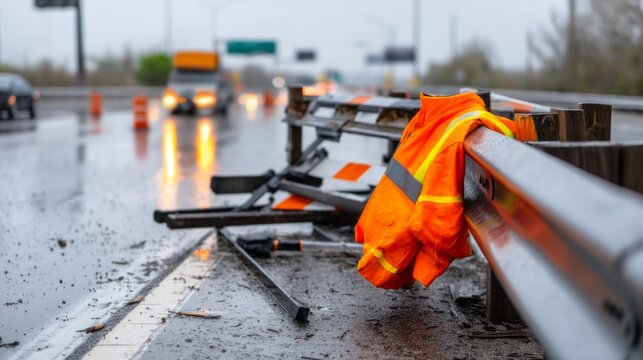 Emergency Road Maintenance Zone with Overturned Road Sign and Orange Vest
