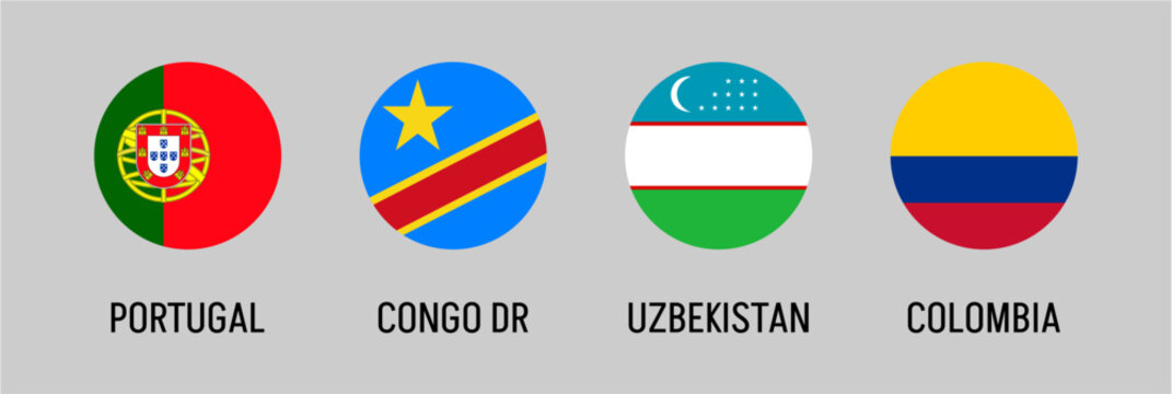Portugal Democratic Republic of the Congo Uzbekistan Colombia flags in circular badge set, national emblem collection, international country icons, global identity vector illustration