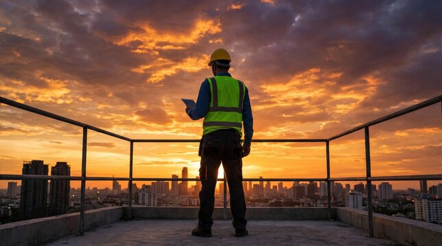 Rear view of engineer in safety vest standing on rooftop at sunset overlooking city skyline