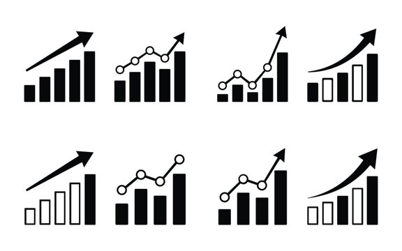 Growing graph icon set in line style. Business chart with arrow, Growths chart, Profit growing, Growth success, Chart increase simple black style symbol sign for apps and website, vector illustration
