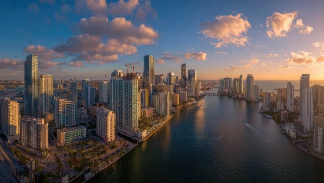 Panoramic Aerial View of Miami Skyline at Sunset.