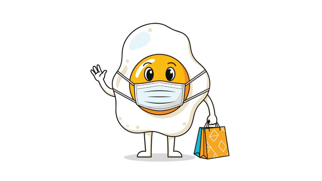 Fried egg cartoon character wearing a protective medical face mask and carrying colorful paper shopping bags.