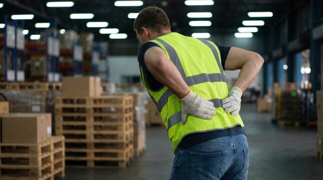 Warehouse worker suffering from back pain while lifting heavy boxes