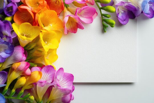 Vibrant Freesia Flowers Bordering a Blank White Card on a Light Background.